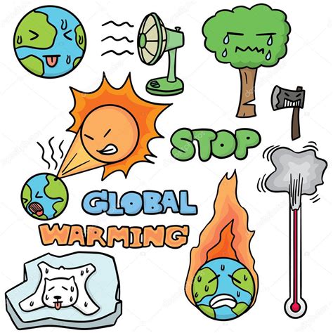 Esto es, el aumento general de la temperatura en el planeta, y que se produce por las emisiones tóxicas que el ser humano genera en sus actividades. Vector conjunto de calentamiento global — Archivo Imágenes ...