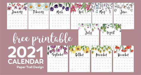 2021 Free Printable Calendar Floral Paper Trail Design In 2020