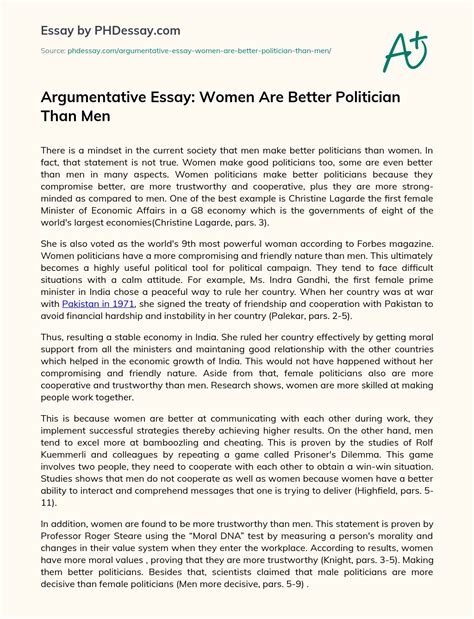 Argumentative Essay Women Are Better Politician Than Men Example 600 Words