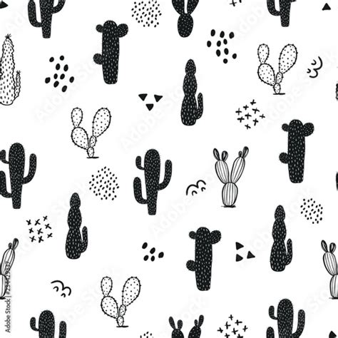 Seamless Cactus Pattern Repeating Hand Drawn Background Black And