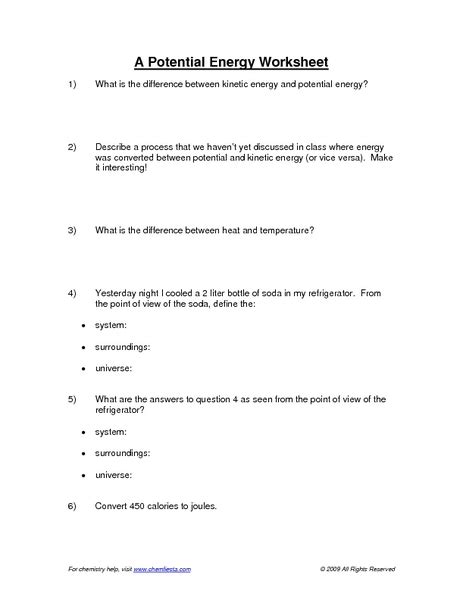 A Potential Energy Worksheet Worksheet For 10th 12th Grade Lesson