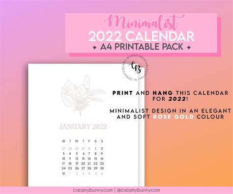 Minimalist 2022 Calendar A4 Printable Instant Digital Etsy