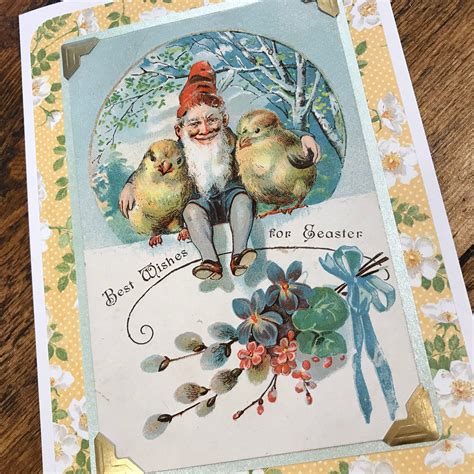 The paper is handmade from 100% recycled paper and seeds. Cute handmade Easter Card of a gnome and two chicks made ...