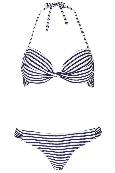 Topshop Navy Ruche Stripe Plunge Bikini In White Lyst