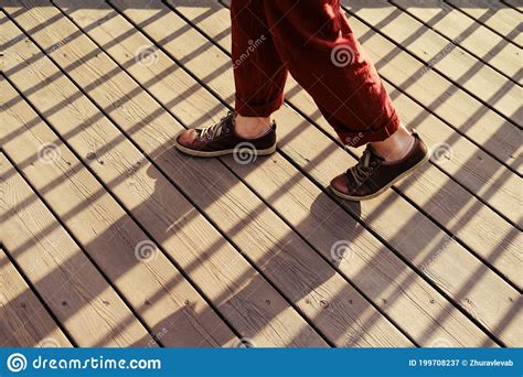 Man Walks On Wooden Planks Legs Close Up Stock Image Image Of