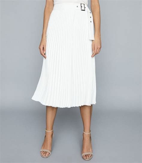Reiss Pleated Midi Skirt Arielle Pleat Side Buckle White