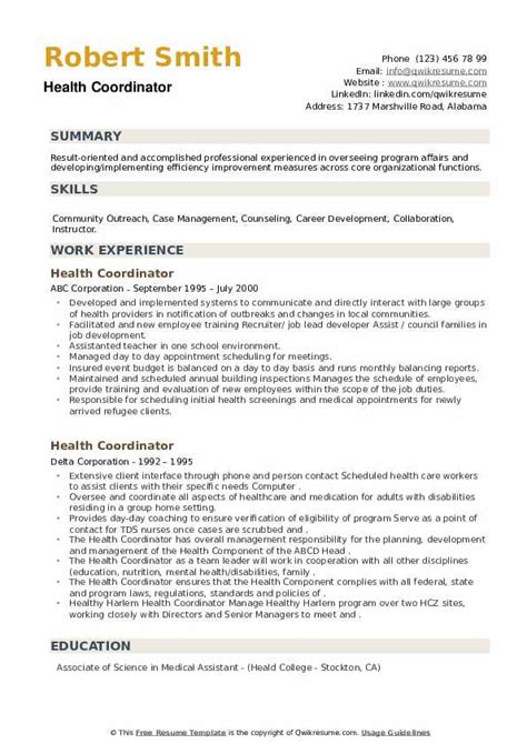 health coordinator resume samples qwikresume