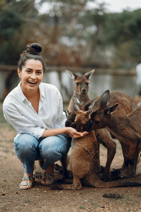 Excited Young Woman Feeding Kangaroos In Park · Free Stock Photo
