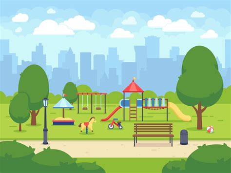 Premium Vector Urban Summer Public Garden With Kids Playground