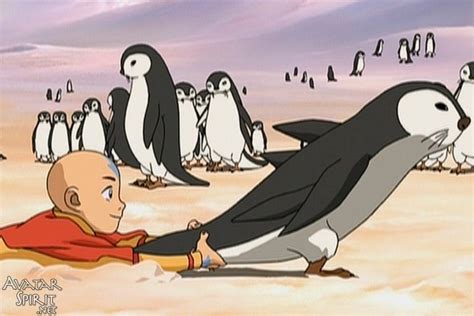 Aang Holding The Tail Of An Otter Penguin And Being Dragged By It