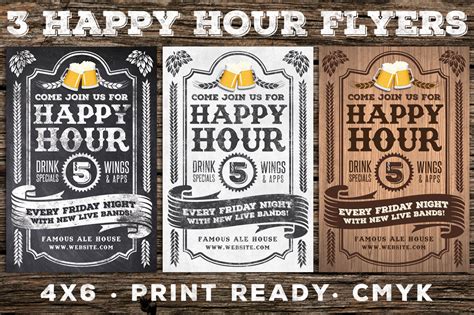 3 Vintage Happy Hour Flyers (12159) | Flyers | Design Bundles
