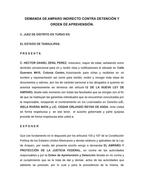 Demanda De Amparo Indirecto Contra Arresto Y Nombramiento Interventor A