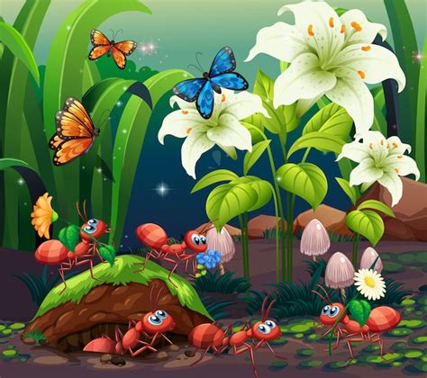Scene With Many Bugs In The Garden Free Vector