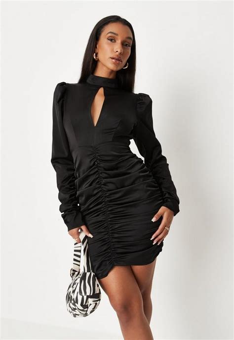 Black Satin Ruched Keyhole Front Mini Dress Missguided