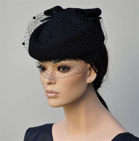 Womens Black Pillbox Hat Black Felt Veil Hat Church Hat Ladies