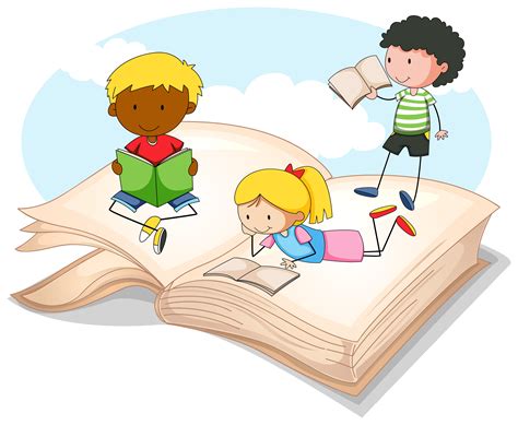 Tres niños leyendo un libro de cuentos Vector en Vecteezy