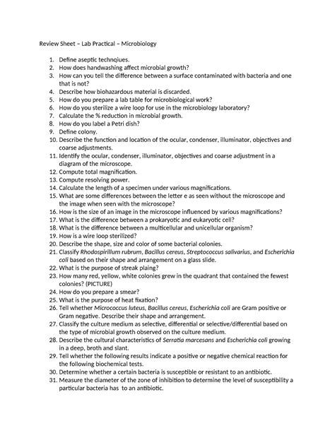 Review Sheet Lab Practical Microbiology Review Sheet Lab