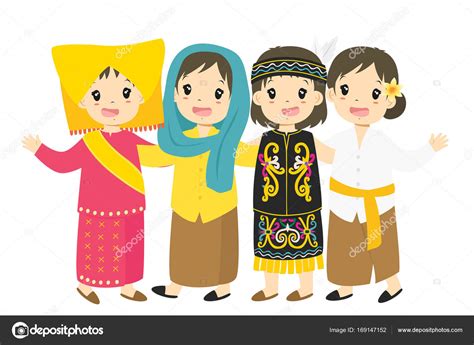 Indonesian Girls Wearing Traditional Dress Cartoon Vector — Stock