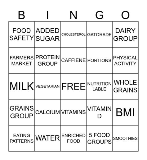 Myplate Bingo Card