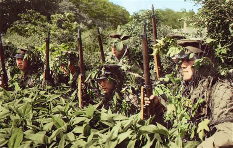 Camouflaged Japanese Soldiers Lying In Wait During The Battle Of