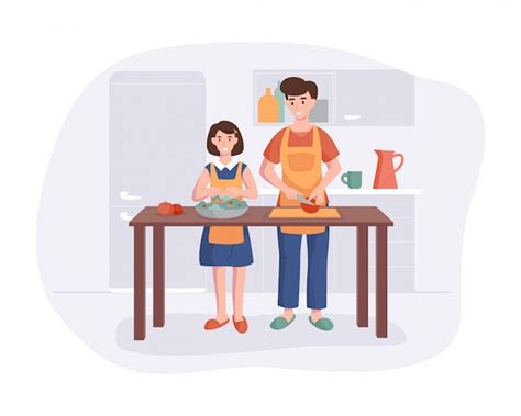 Padre E Hija Que Cocinan La Cena En La Mesa En La Cocina Concepto De