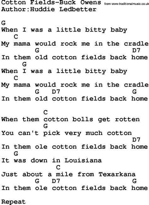 History of country guitar songs. Buck Owens Song Lyrics | Country music song: Cotton Fields-Buck Owens lyrics and… | Country ...