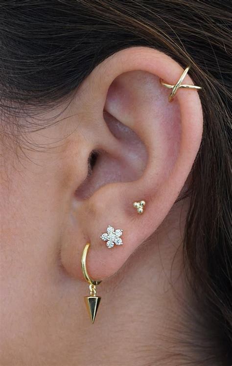 Flower Cz Stud Earrings Second Hole Earrings Dainty Gold Etsy