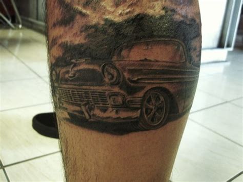 Black Simple Car Tattoo On Leg
