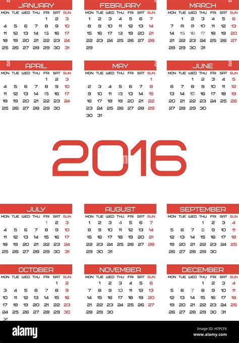 2016 Calendar Template Stock Vector Images Alamy