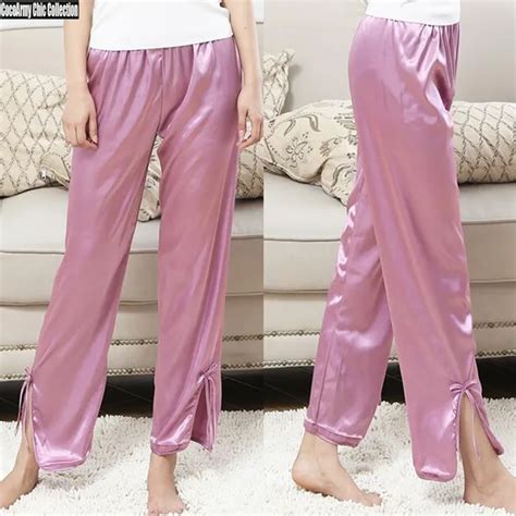Fashion Soft Satin Silk Pajama Pants With Bottom Slit Bow Design Trousers Pyjamas Bottoms Plus