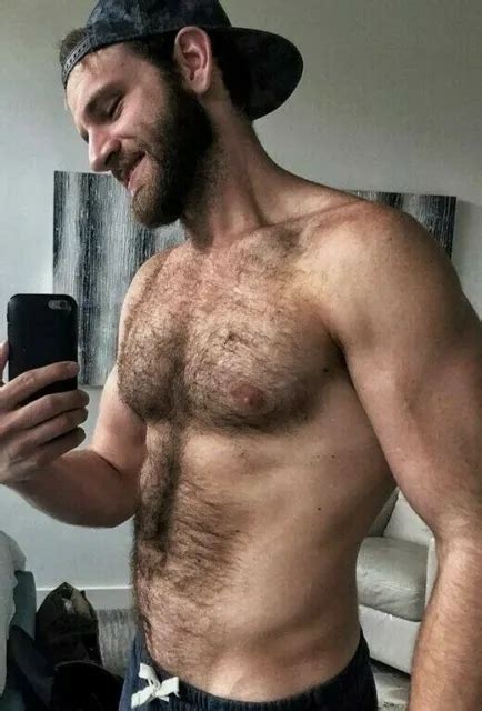 Shirtless Male Muscular Beard Hairy Chest Abs Hunk Beefcake Grin Photo