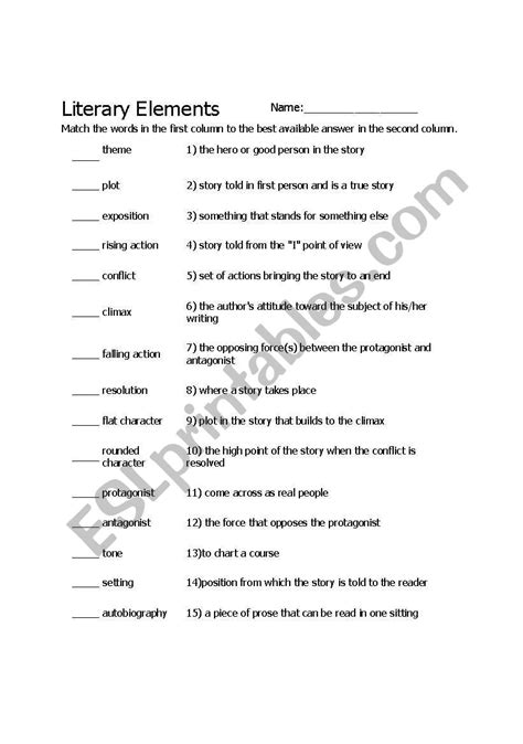 English Worksheets Elements Of Literature Quiz