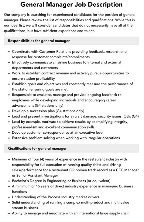 General Manager Job Description Velvet Jobs