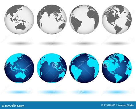 Set Of Globes Of Earth In Blue And Monochrome Colors Realistic World