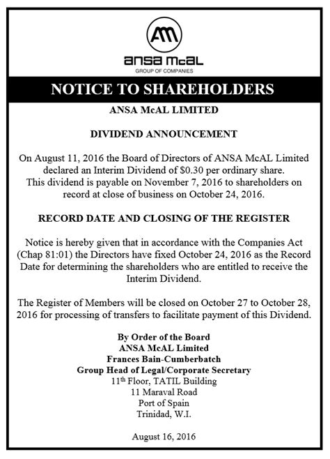 Record date is the effective. Notice to Shareholders - Dividend Announcement - ANSA McAL