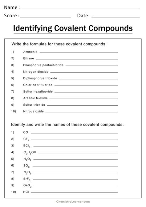 Naming Binary Compounds Covalent Worksheet