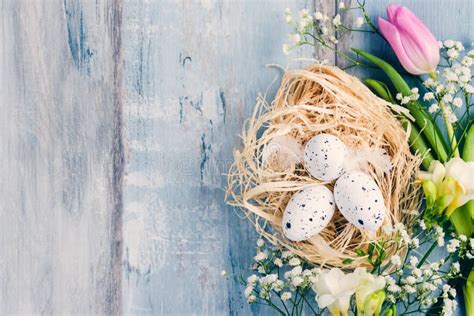 Top View Of Easter Eggs In A Nest Spring Flowers And Feathers Over