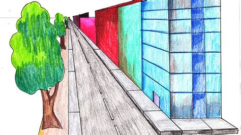 One Point Perspective Buildings Colored Pencils Drawing One Point