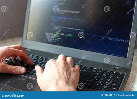 Programmer Coding On Laptop Coder Hands Typing Program Code Stock