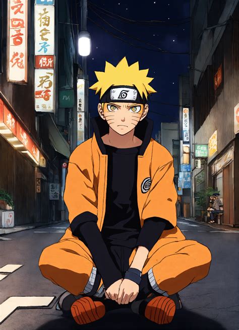 Lexica Naruto Uzumaki Sitting On The Street Under The Spotlights In
