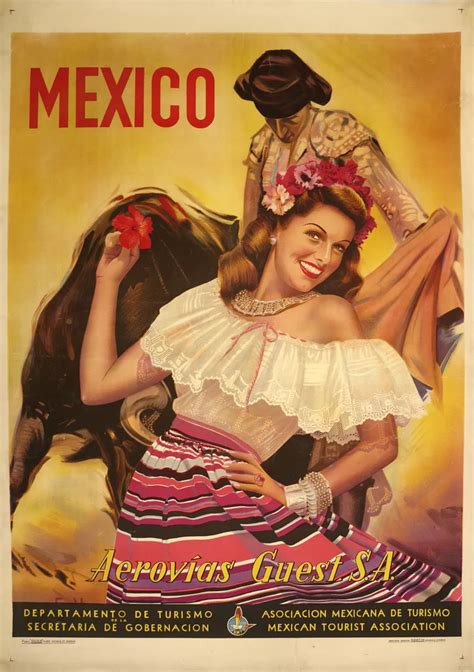 Vtg Orig Travel Poster Mexico Aerovias Guest S A 1950 Mexican Tourist Assoc Mexico Art