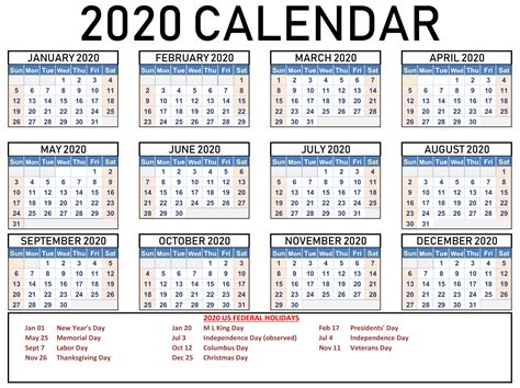 2020 Calendars With Us Holidays Calendar Printable Free