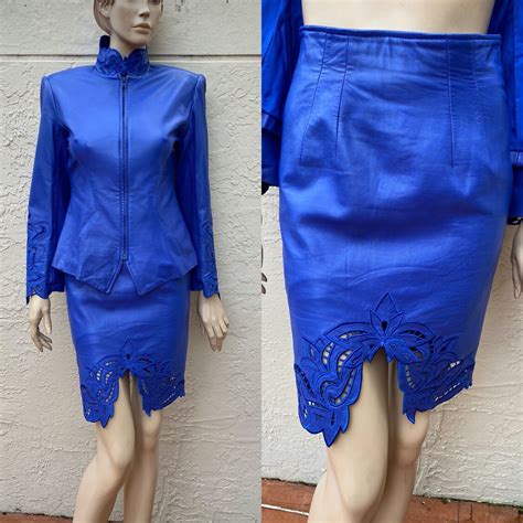 Erez Lillie Rubin 90s Blue Leather Sexy Embroidered Skirt Suit Sz 8 Ebay