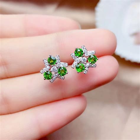 Natural Green Diopside Stud Earrings Silver Natural Gemstone