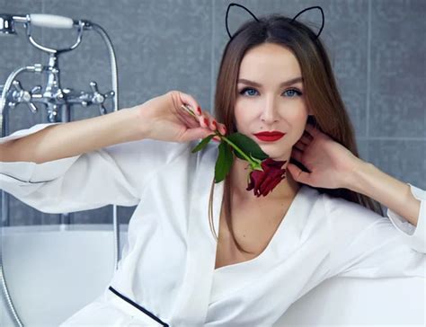 Sexy Woman In Bathroom In Silk Robe Rose Valentine S Day Stock Photo By