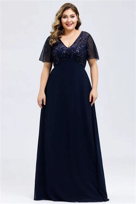 Plus Size Vneck Navy Blue Long Evening Dress With Sleeves 56 48 Ez07706nb16