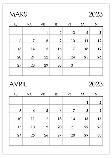 Calendrier Mars Avril 2023 Calendriersu