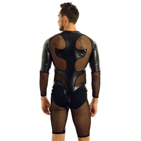 mens catsuit costume wet look bodysuit faux leather mesh splice leotard jumpsuit ebay