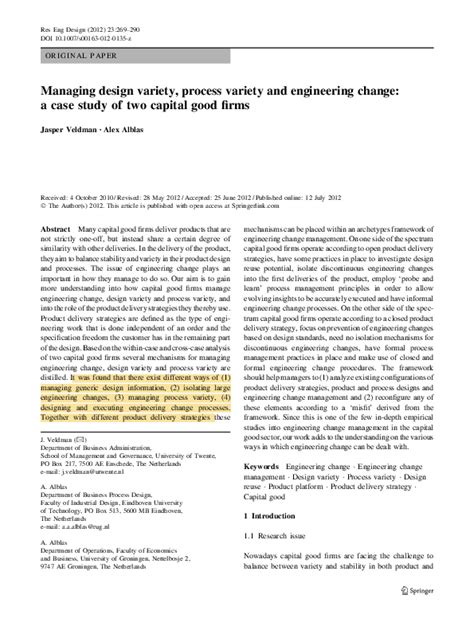 (PDF) ORIGINAL PAPER Managing design variety, process variety and engineering change: a case ...