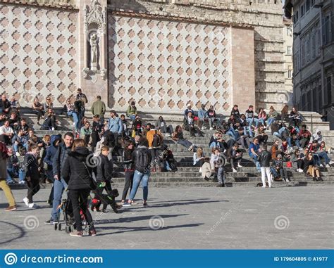 People Sitting By The Cathedral In Perugia Editorial Image Image Of